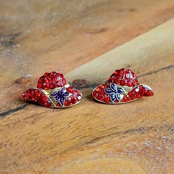 Red Hat Rhinestone Stud Earrings, Pierced Ears, Vintage Jewelry, Gently Used - Picture 3 of 4